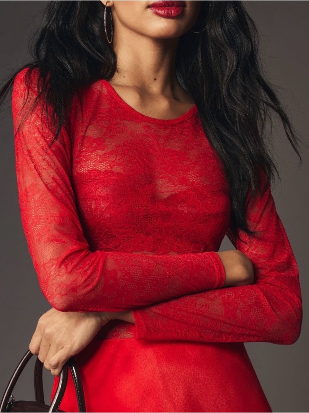 Anthropologie Red Sheer Lace Bodysuit Large